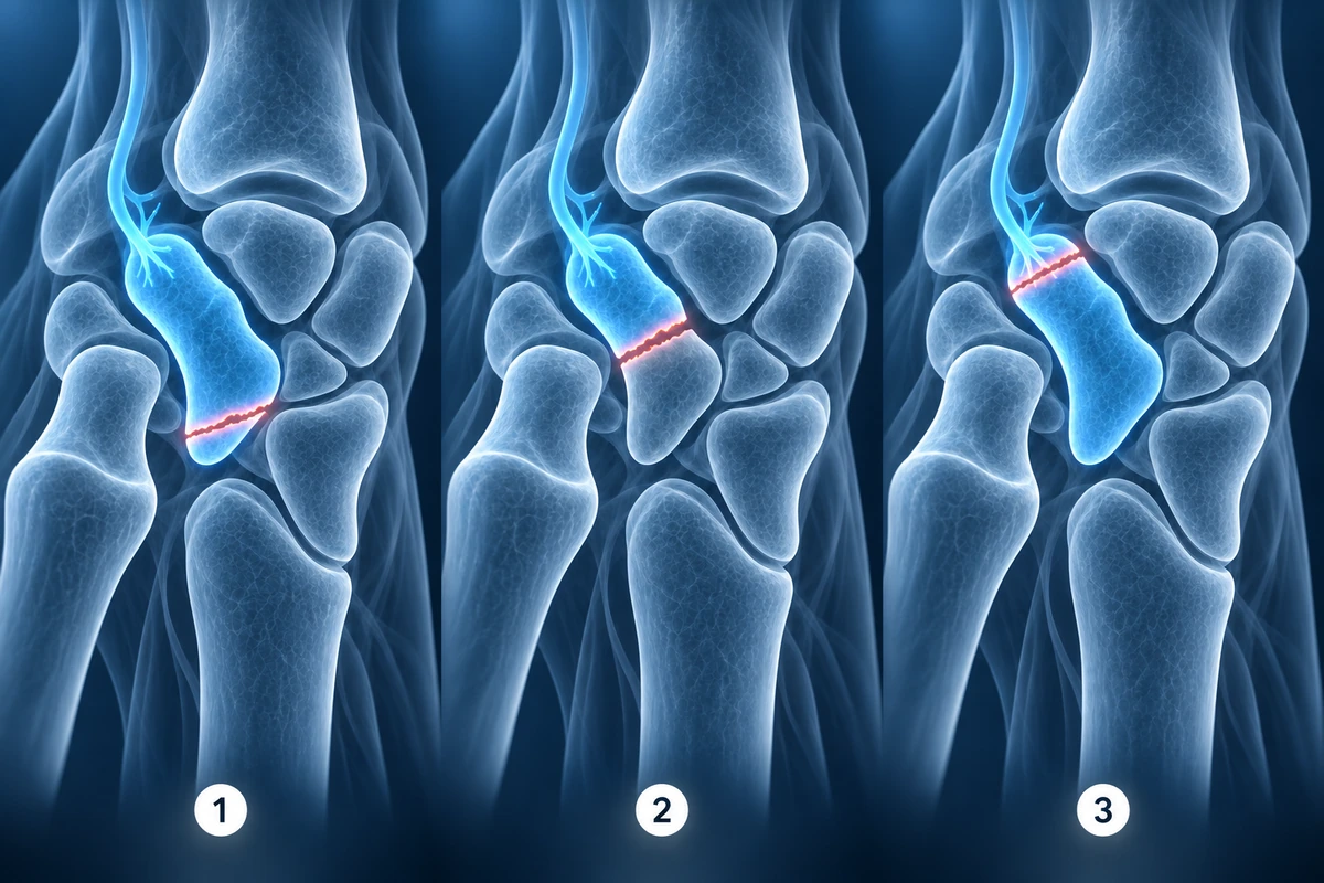 Fraturas do escafoide no polo distal, na cintura e no polo proximal, com o suprimento sanguíneo diminuindo em direção à extremidade proximal
