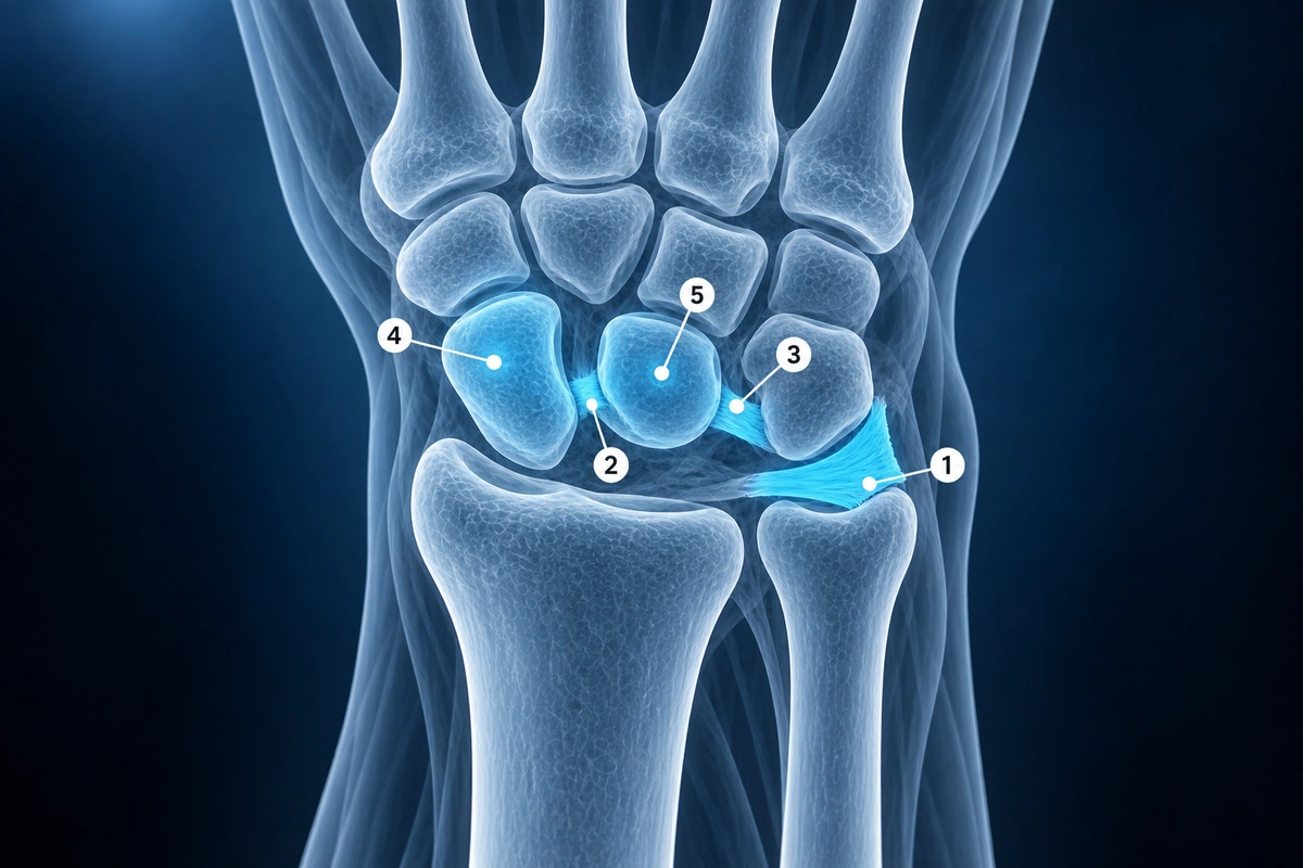 Punho destacando o TFCC, os ligamentos escafossemilunar e semilunopiramidal, o escafoide e o semilunar para uma ressonância magnética do punho em 3 T