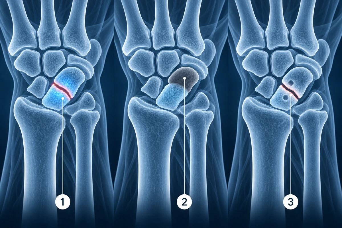Escafoide na ressonância magnética do punho: fratura aguda com edema, necrose avascular do polo proximal e pseudoartrose