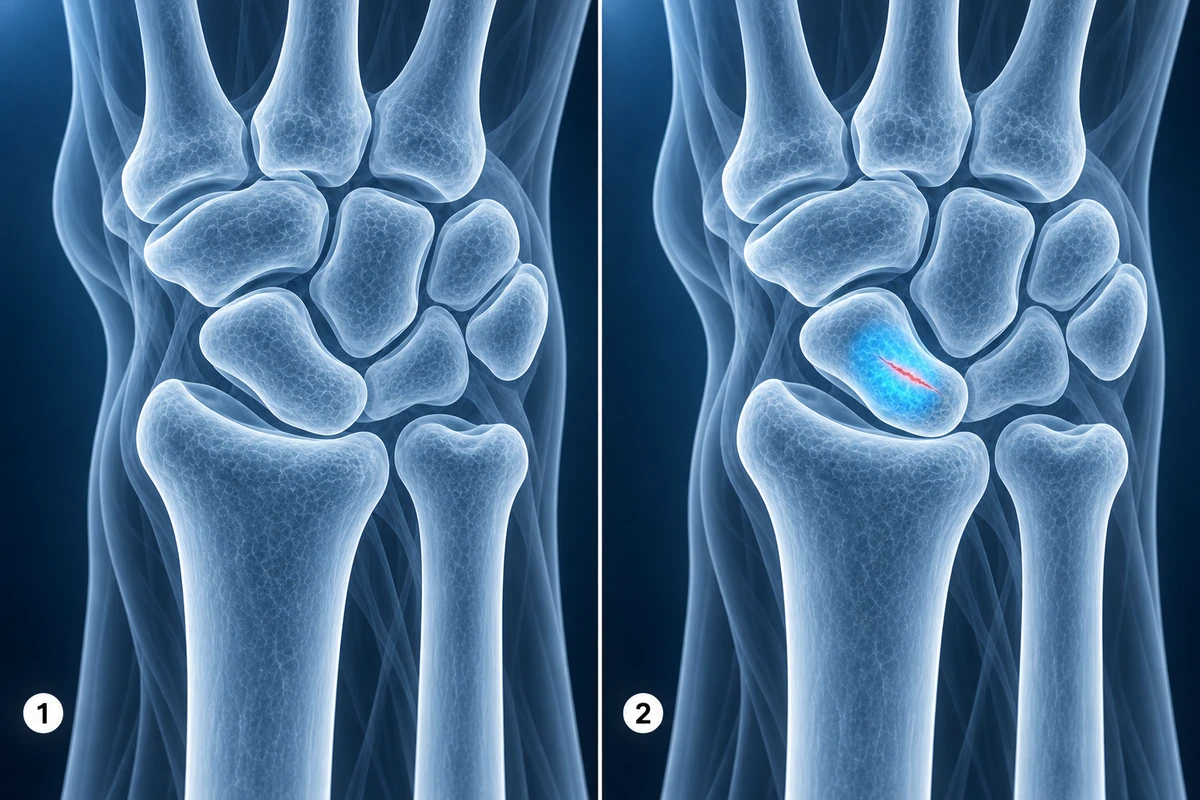 O mesmo escafoide parecendo normal no raio-X, mas com edema brilhante da medula na ressonância magnética, uma fratura oculta do escafoide